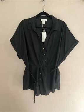 REFINITY BLACK 100% COTTON BUTTON UP WITH TIE WAIST TUNIC TOP gold buttons
